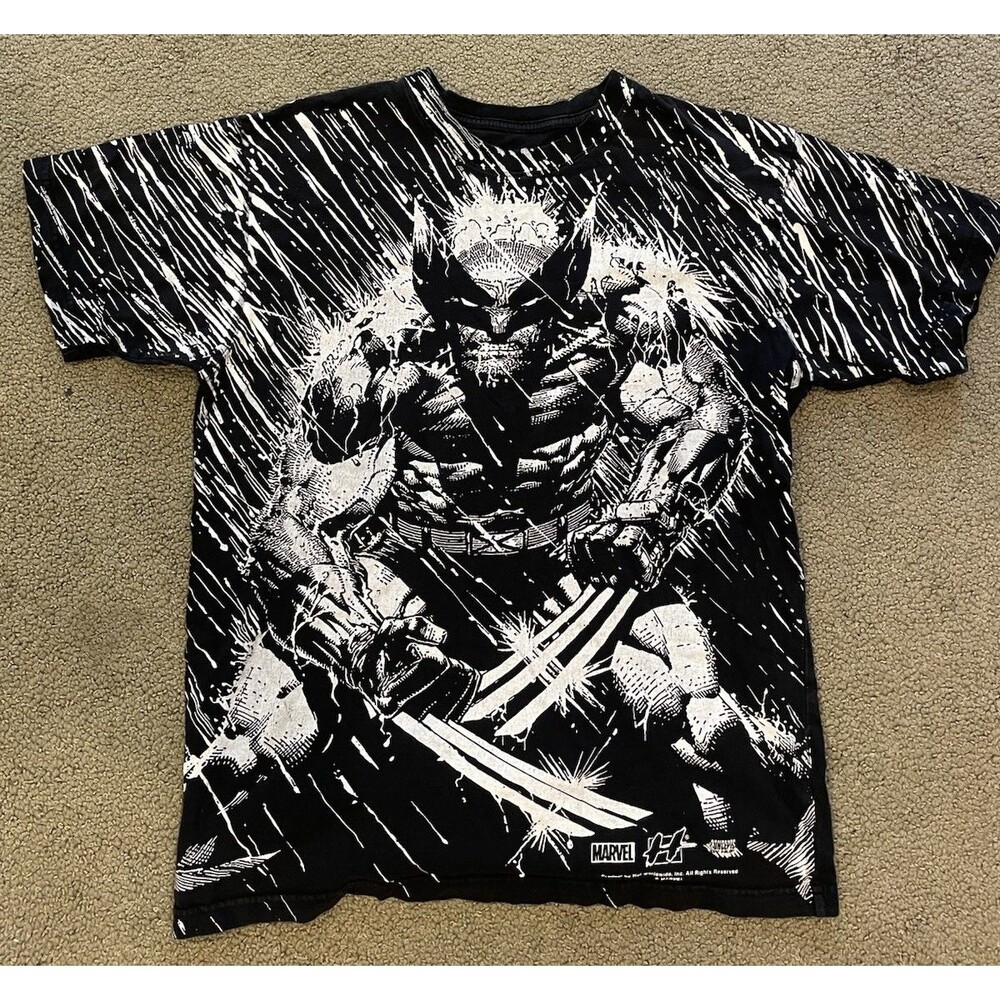 HUF x Marvel Wolverine Graphic T-Shirt Mens M Black Rain Comic Print Tee 90s AOP